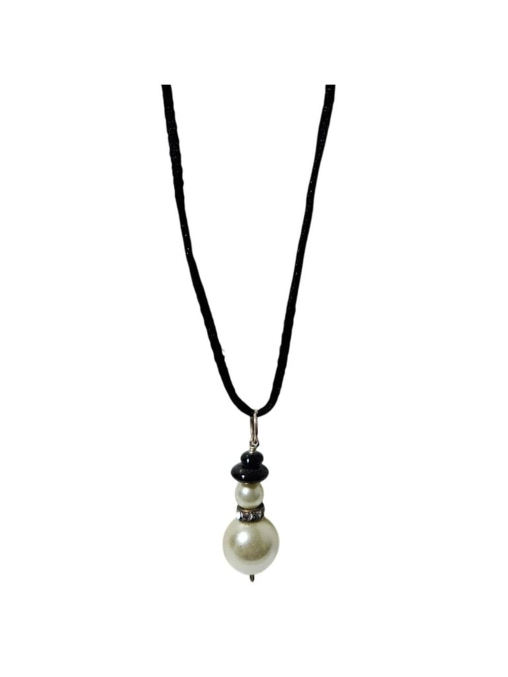 Romantic Goth Necklace Faux Pearl Drop Pendant Black Cord Dark Academia Jewelry